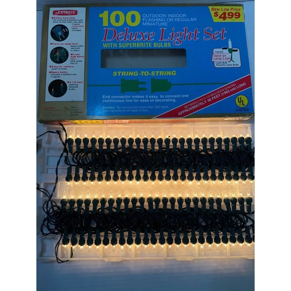 JoyBrite 100 Deluxe Light‎ Set Clear Miniature Indoor Outdoor 48ft Green Wire